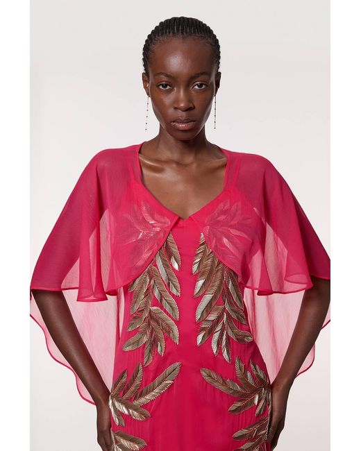 Karen Millen Red Feather Embellished Woven Cape Sleeve Maxi Dress