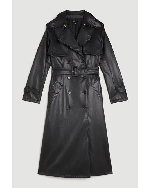 Karen Millen Black Tailored Faux Leather Belted Trench Coat