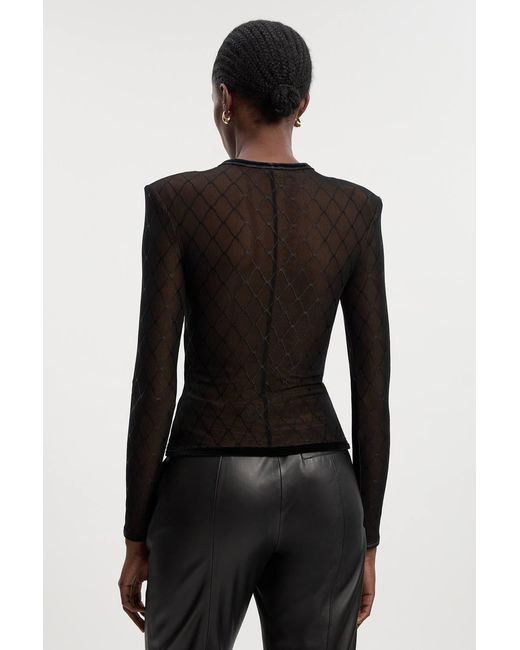 Karen Millen Black Mesh With Velvet Bow Trim Detail Crew Neck Long Sleeve Top