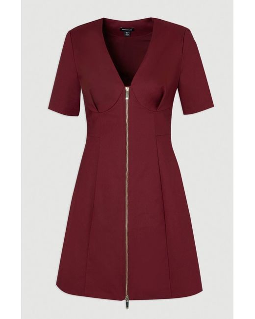 Karen Millen Red Techno Cotton Short Sleeve Zip Detail Woven Mini Dress
