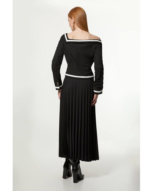 Karen Millen Black Petite Compact Stretch Asymmetric Neck Colour Block Pleated Tailored Midaxi Dress
