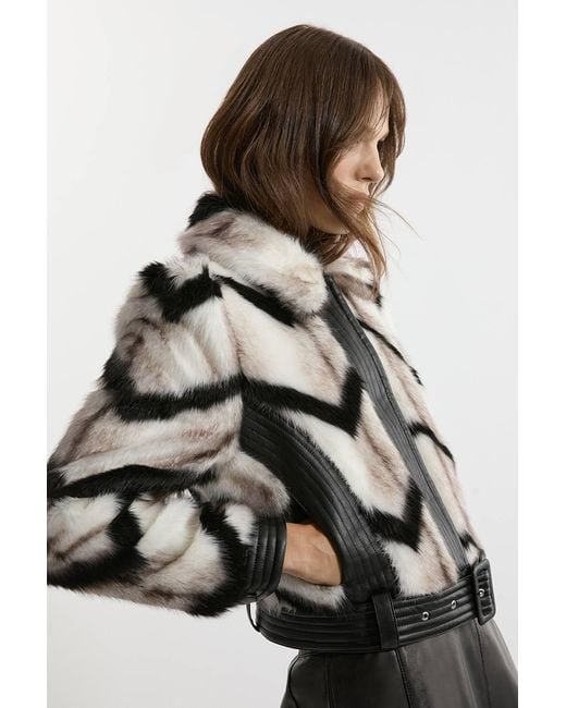 Karen Millen Multicolor Faux Fur Pu Panelled Stripe Belted Cropped Jacket