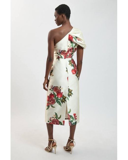 Karen Millen White Fruit Print One Shoulder Twill Midi Dress
