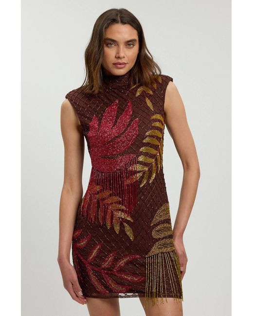 Karen Millen Red Tropical Bead Detail Mini Dress