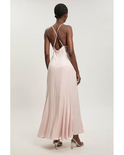 Karen Millen Natural Lace Insert Satin Viscose Bias Cut Maxi Dress