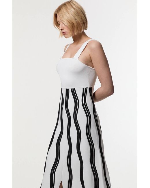 Karen Millen White Contrast Wave Knit A-Line Knitted Strappy Dress