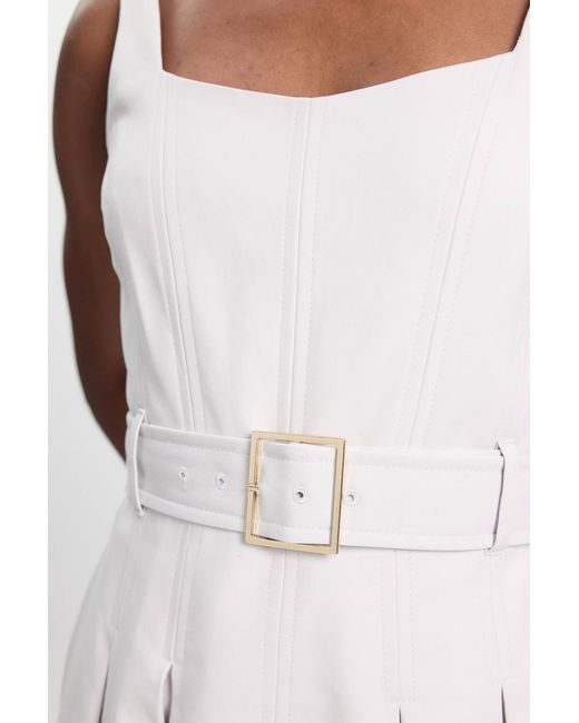 Karen Millen White Premium Cotton Tailored Fabric Belted Buckle Midi Dress