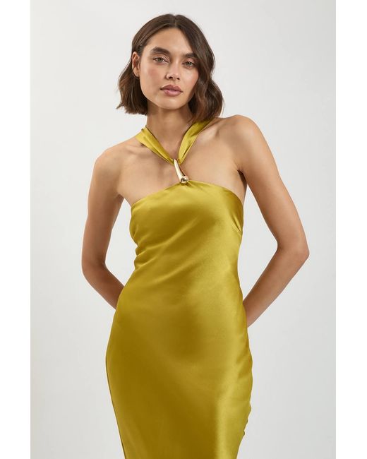 Karen Millen Yellow Viscose Satin Halter Neck Maxi Dress