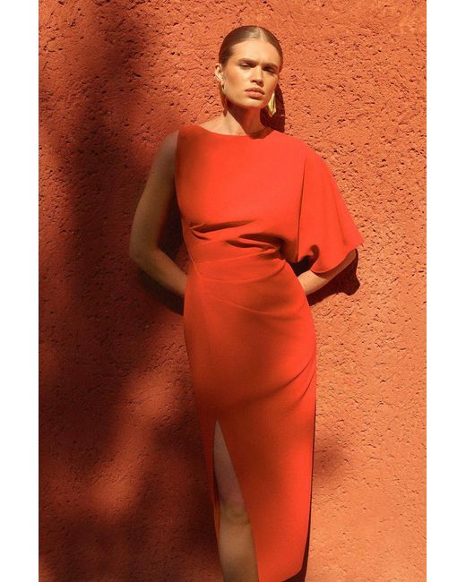Karen Millen Orange Fluid Tailored Asymmetric Sleeve Maxi Dress