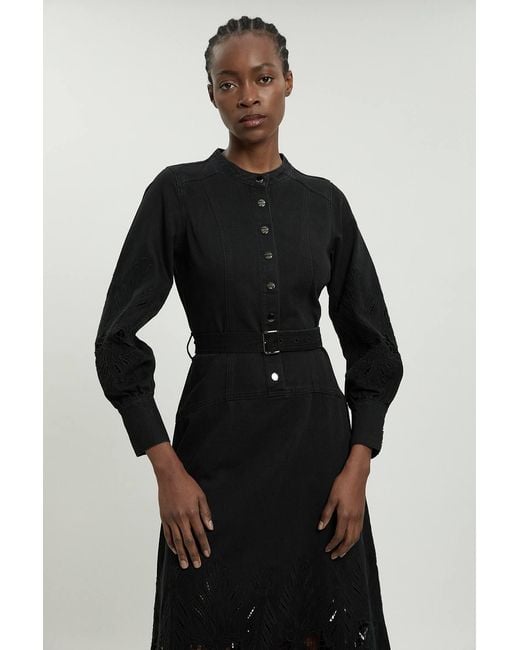Karen Millen Black Denim Cut Out Long Sleeve Midi Dress