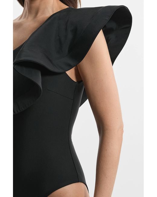 Karen Millen Black Drama Ruffle One Shoulder Swimsuit