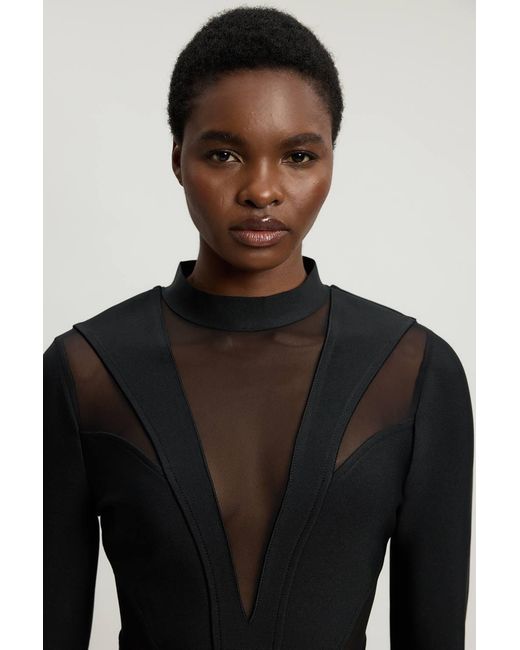 Karen Millen Black Figure Form Bandage Mesh Detail Knit Top
