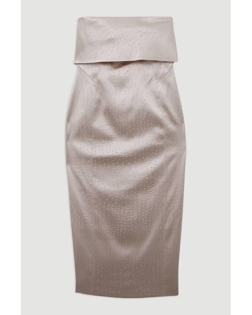 Karen Millen Natural Petite Italian Structured Textured Satin Bandeau Tailored Maxi Dress