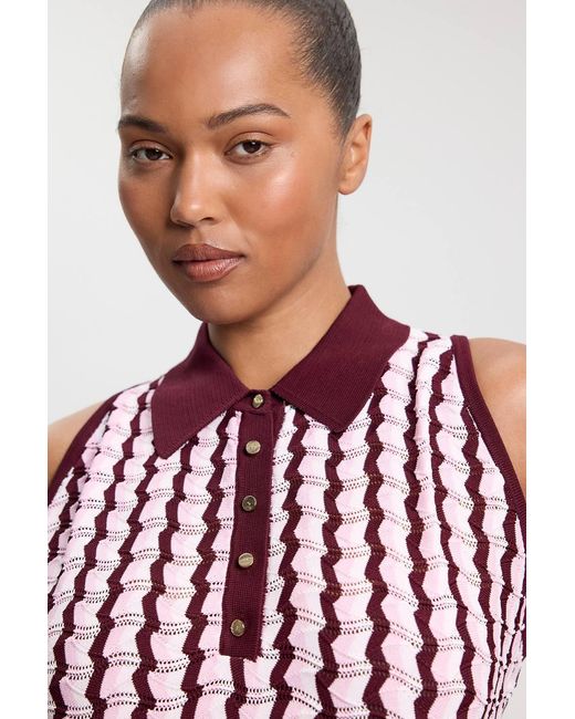 Karen Millen Red Plus Size Knit Contrast Collar Pointelle Sleeveless Midi Top