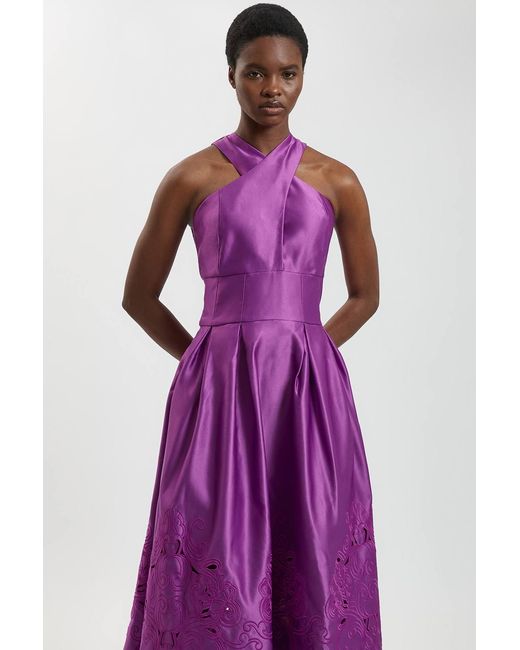 Karen Millen Purple Tailored Satin Cutwork Halter Midi Dress
