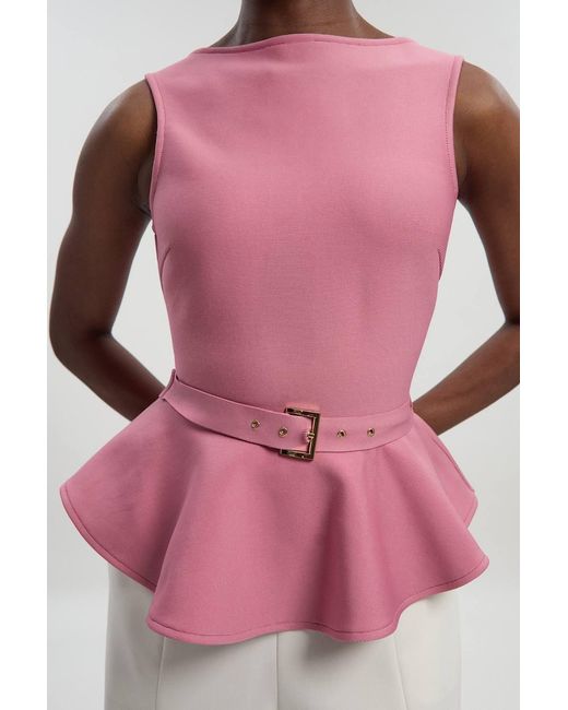 Karen Millen Pink Figure Form Bandage Peplum Belted Knit Top