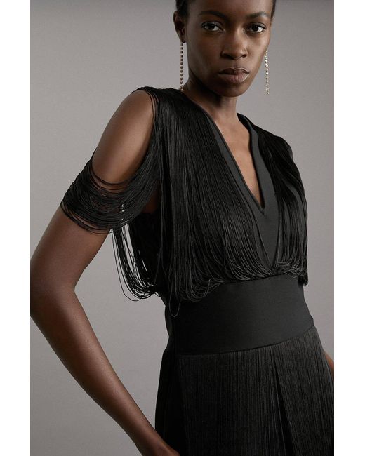 Karen Millen Gray Figure Form Bandage Knit Fringe Detail Dress