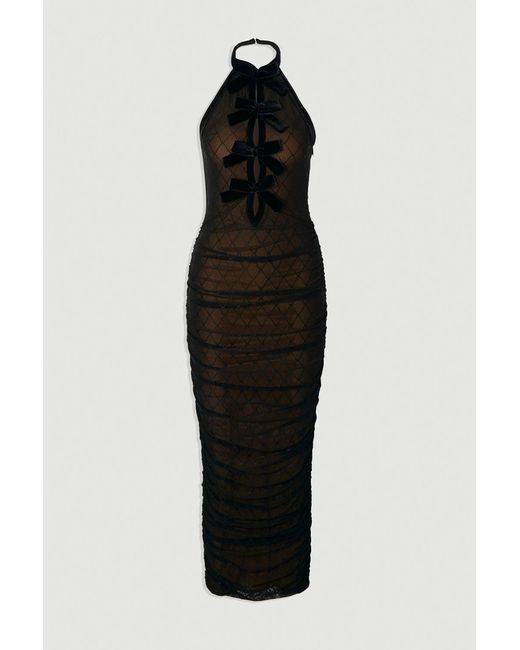 Karen Millen Black Mesh With Velvet Bow Trim Detail Halter Neck Midi Dress