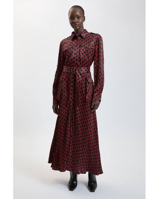 Karen Millen Purple Tailored Printed Satin Viscose Belted Maxi Shirt Dress
