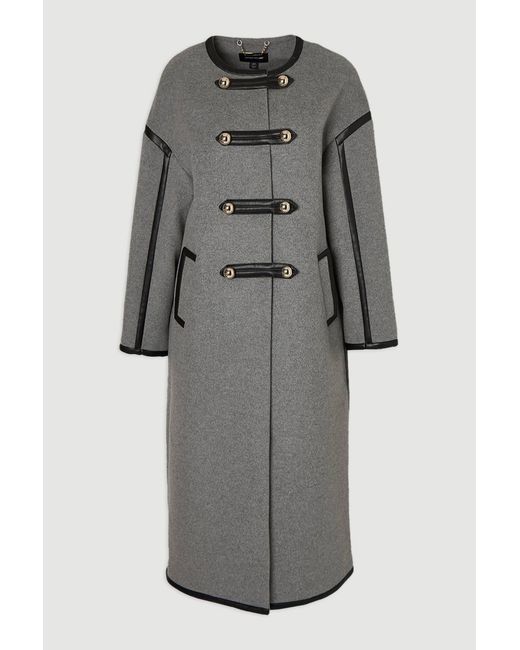 Karen Millen Gray Brushed Wool Pu Mix Tailored Collarless Midi Coat