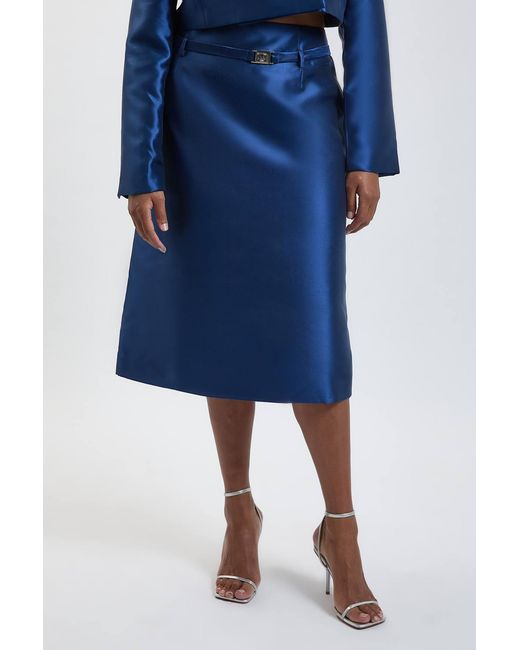 Karen Millen Blue Plus Size Forever Satin Twill Belted Tailored Midi Skirt