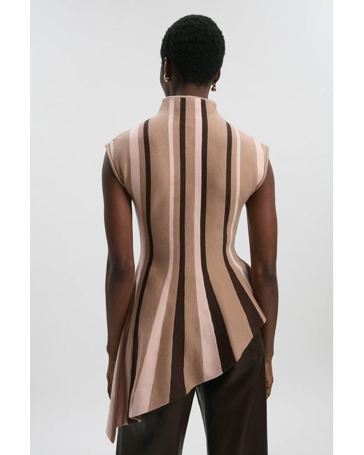 Karen Millen Natural Stripe Viscose Blend Asymmetric Hem Knit Top
