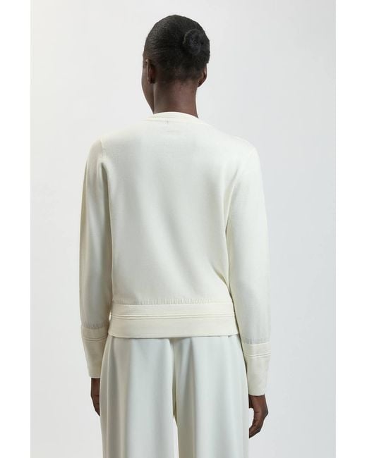 Karen Millen White Forever Viscose Blend Knitted Stitch Detail V Neck Long Sleeve Jumper