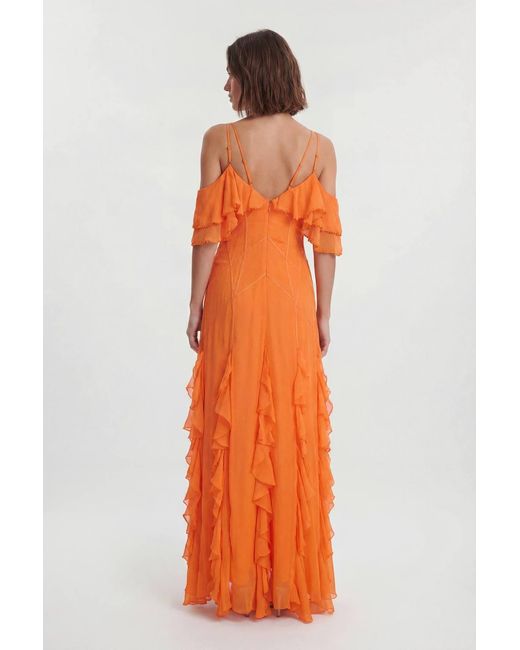 Karen Millen Brown Crinkle Beaded Cold Shoulder Maxi Dress