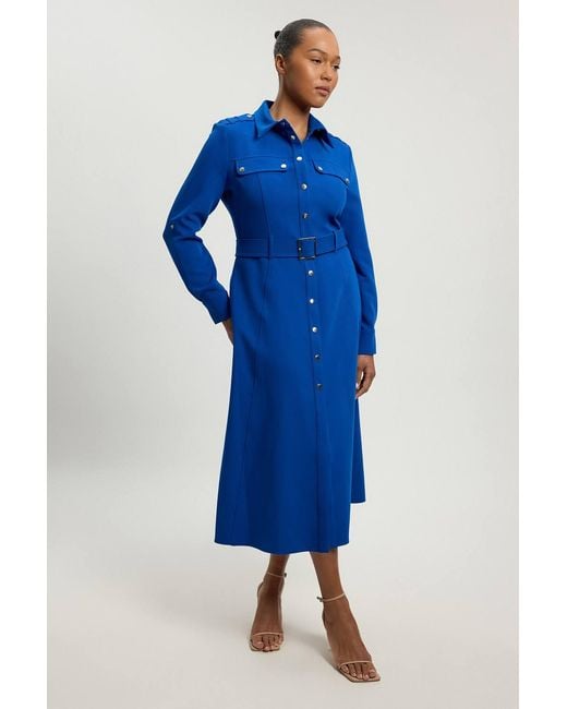 Karen Millen Blue Plus Size Tailored Belted Midi Shirt Dress
