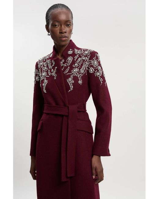 Karen Millen Red Wool Crystal Embellished Notch Neck Belted Maxi Coat