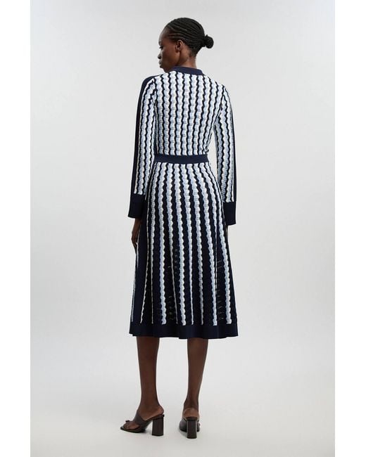 Karen Millen White Knit Pointelle Contrast Collared Midi Dress