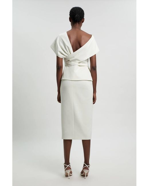 Karen Millen White Compact Viscose Stretch Tailored Peplum Midi Dress