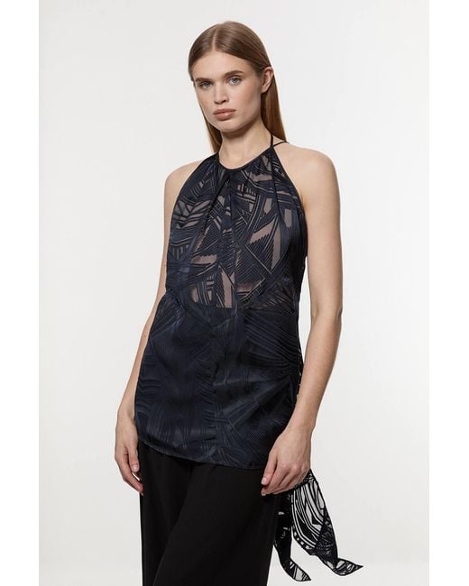 Karen Millen Blue Amelia Graham Burnout Halter Neck Asymmetric Tunic Top