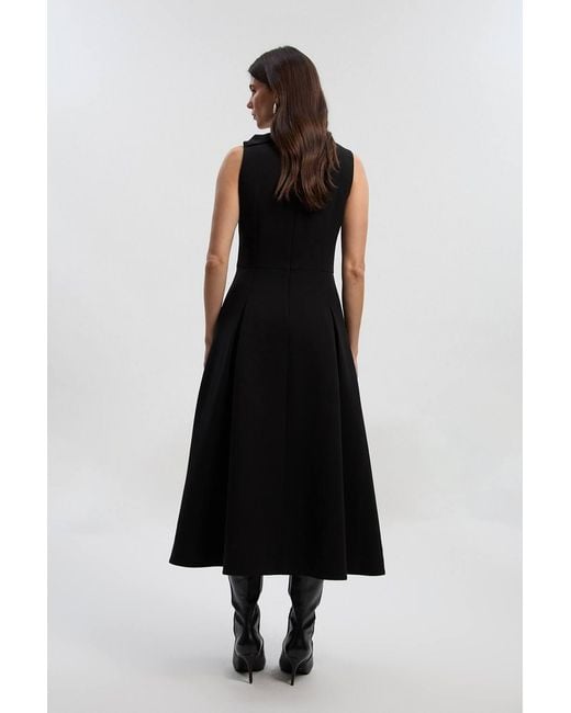 Karen Millen Black Compact Stretch Bow Tie Neck Trim Detail Tailored Full Midi Dress