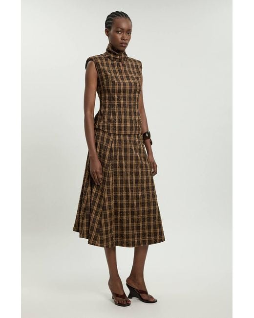 Karen Millen Natural Beaded Check Print Midi Skirt