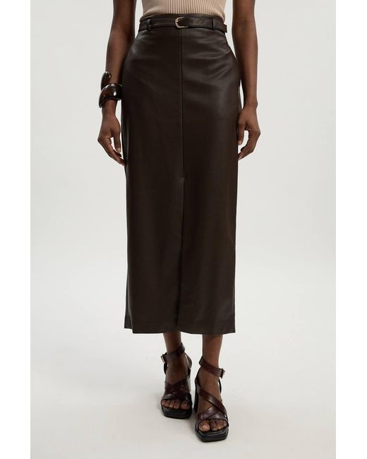 Karen Millen Brown Faux Leather Tailored Midi Pencil Skirt