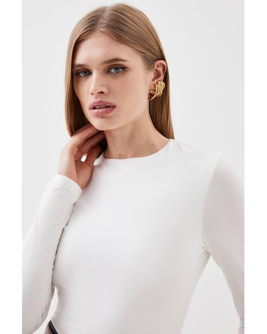 Karen Millen White Stretch Cotton Crew Neck Long Sleeve Top