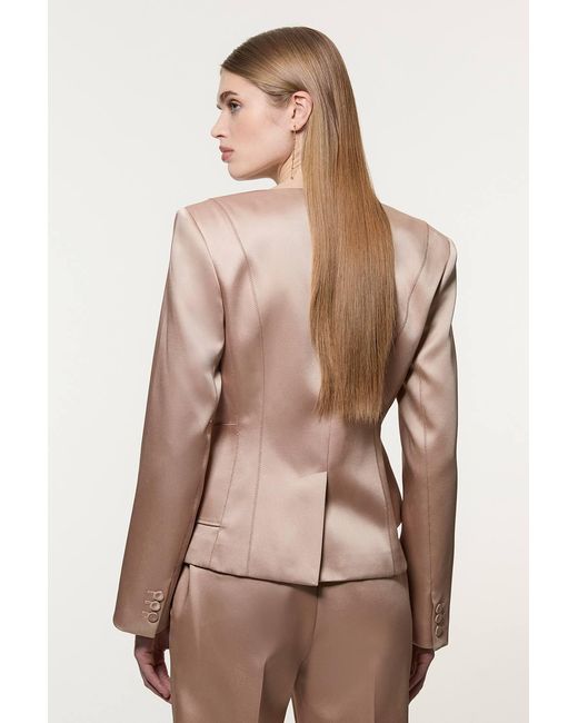 Karen Millen Natural Structured Viscose Satin Stitch Detail Tailored Peplum Blazer
