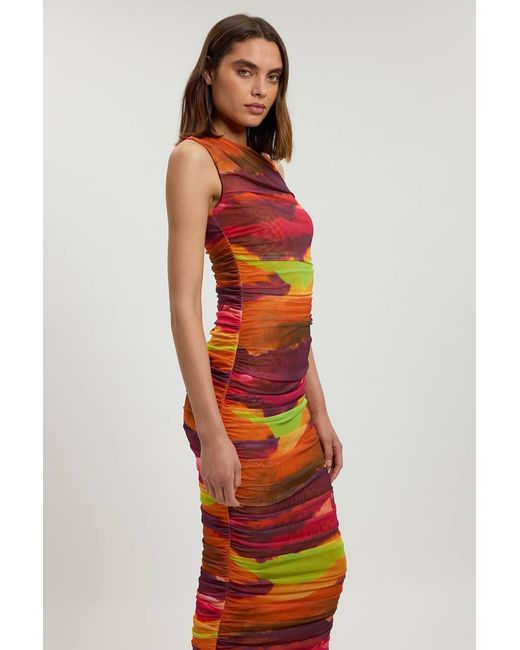 Karen Millen Red Petite Marbled Printed Mesh Ruched Jersey Maxi Dress
