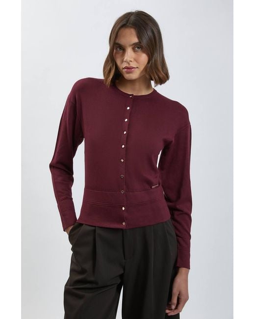 Karen Millen Purple Forever Viscose Blend Knitted Stitch Detail Balloon Sleeve Cardigan Sweater