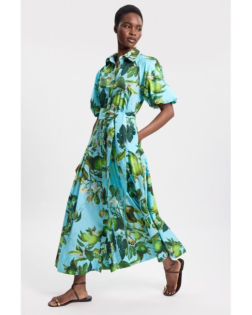 Karen Millen Green Lime Print Cotton Puff Sleeve Woven Midi Shirt Dress With Dropped Waist Detail