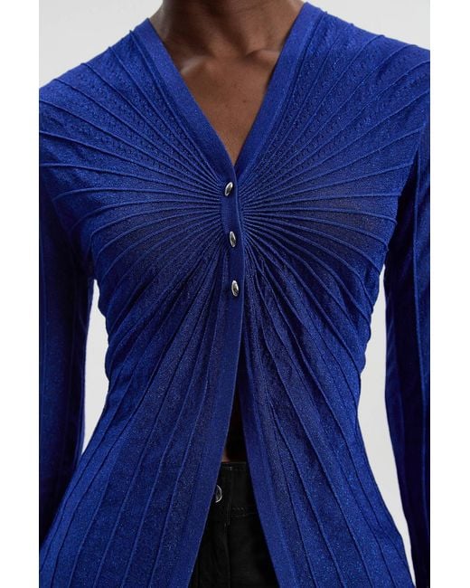 Karen Millen Blue Sparkle Metallic Knitted Fitted Cardigan Sweater