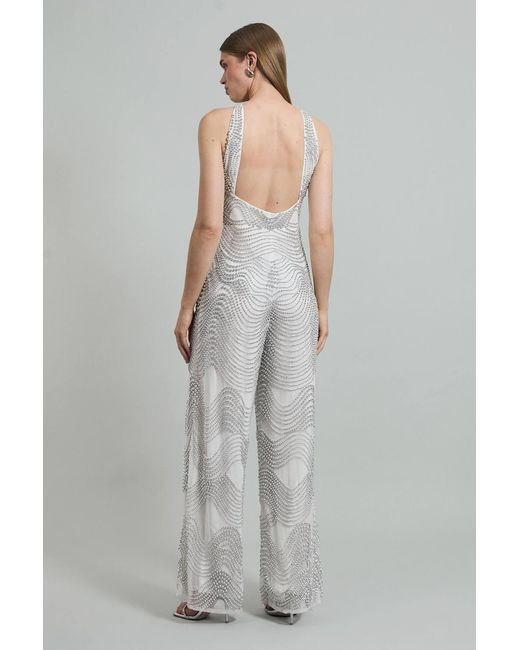 Karen Millen Gray Embellished Geo Halter Woven Jumpsuit