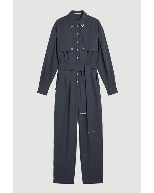 Karen Millen Blue Petite Cupro Utility Twill Woven Jumpsuit