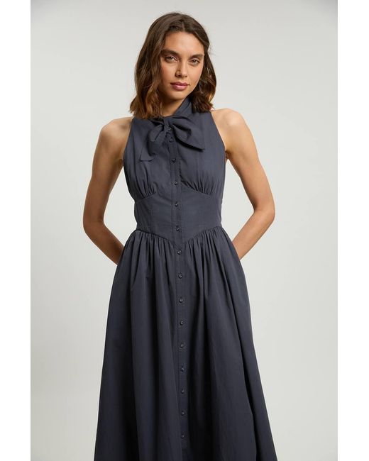 Karen Millen Blue Cotton Poplin Tie Neck Midi Dress