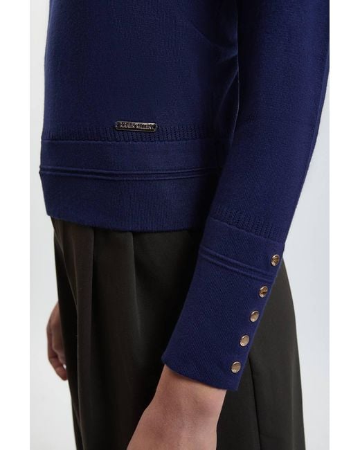 Karen Millen Blue Forever Viscose Blend Knitted Stitch Detail V Neck Long Sleeve Jumper