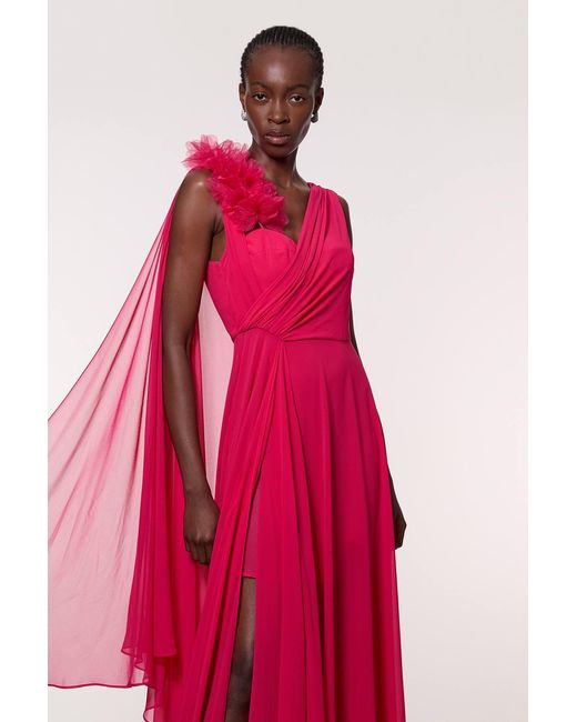 Karen Millen Red Georgette Pleated Bustier Cape Back Woven Maxi Dress