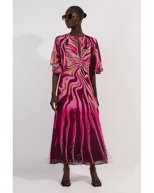 Karen Millen Red Tall Animal Print Georgette Embellished Short Sleeve Woven Maxi Dress