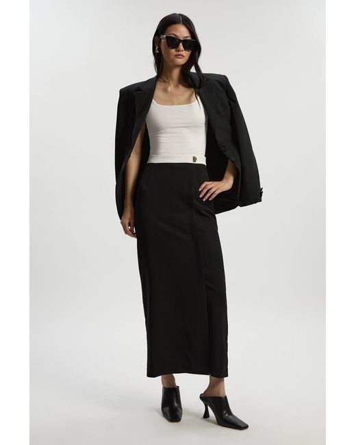 Karen Millen Black Twill Contrast Hardware Woven Midi Skirt