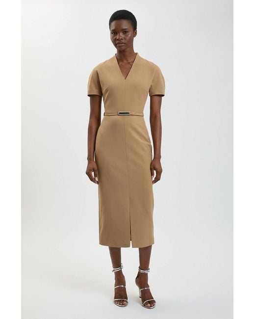 Karen Millen Natural Compact Stretch Tailored Belted Midi Pencil Dress
